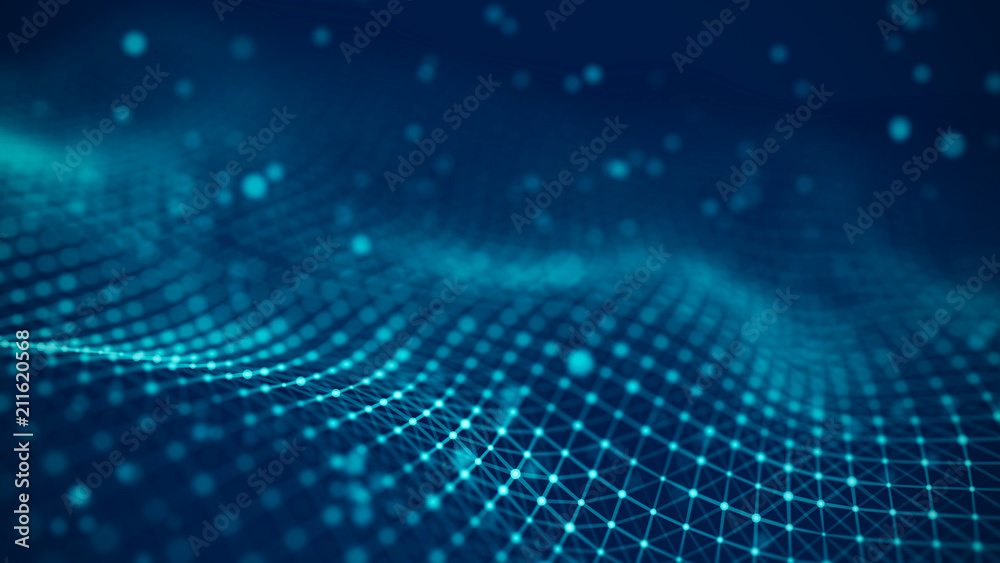 Poster Data technology illustration. Abstract futuristic background. Wave with connecting dots and lines on dark background. Wave of particles.