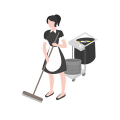 Cleanup and housekeeping set. Isometric maid in uniform. Cleaning company staff occupation. Housework and household