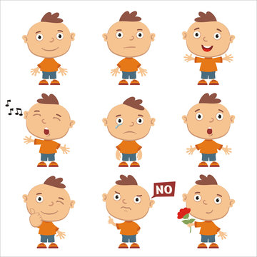 
Set of emoticons of funny boy in different poses isolated on white background.