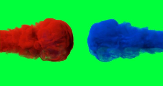 Slow motion of the colourful drops of red and blue colliding on the chroma key background like smoke explosion and mixing. Green screen. Close up. With alpha matte channel.