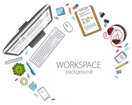 Office desk workspace top view with PC computer and diverse stationery objects for work with copy space for text. All elements are easy to use separately or recompose the illustration. Vector.
