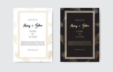 Vector invitation with gold floral elements. Wedding invitation cards with floral elements