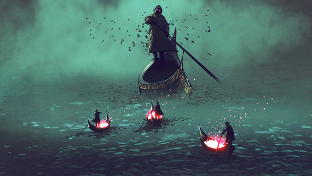 dark men with glowing souls on a boat meet the grim reaper, digital art style, illustration painting