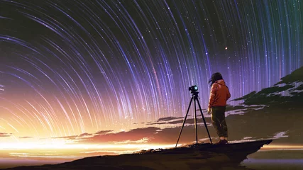 Fototapeten young photographer taking picture of sunrise sky with star trails, digital art style, illustration painting © grandfailure
