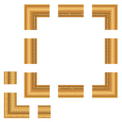 Baguette, golden frame, classic frame from different parts. Classic frame in vintage style. Set of frames for paintings. Assembly frame. A set of brushes. Vector illustration, EPS 10