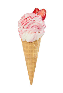Strawberry-vanilla ice cream with fresh strawberries in waffle cone isolated on white