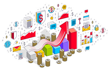 Obraz na płótnie Canvas Success and income increase concept, growth chart stats bar with cash money stack isolated on white. 3d vector business isometric illustration with icons, stats charts and design elements.