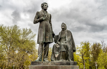 The monument to russian poet Alexander Pushkin and his nannyArina Rodionovna in the park of Pskov,...