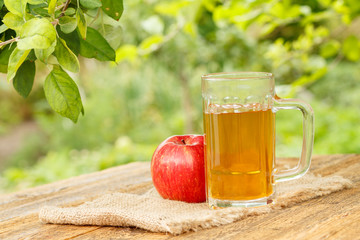 Apple cider in glass goblet and fresh red apple on wooden boards with green natural background