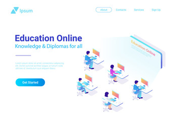 Flat Isometric People working Computer Education Online vector
