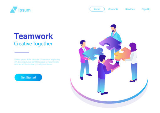 Isometric Flat vector Management Teamwork Business People Puzzle