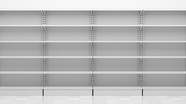 empty supermarket shelves in front of white wall