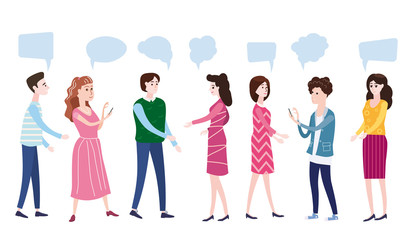 Obraz premium Vector illustration, modern cartoon style, businessmen discuss social network, news, social networks, chat, dialogue speech bubbles, characters, isolated