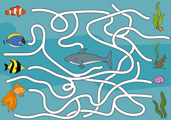Educational maze game for kids. Underwater theme. Cartoon fishes: blue tropical fish, Clown fish, Moorish Idol, Goldfish, shark. Vector illustration