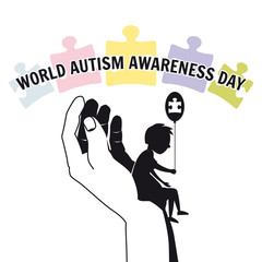 Naklejka premium Autism, a small lonely boy sits on the hand of an adult, against a background of puzzles, vector, illustration, isolated