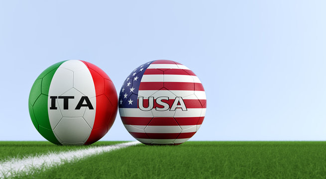 Italy vs. USA Soccer Match - Soccer balls in Italy and USA national colors on a soccer field. Copy space on the right side - 3D Rendering 