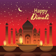 Beautiful greeting card for holiday diwali with burning diy, background Taj Mahal, night, cartoon style, vector, illustration