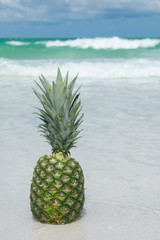 Pineapple with on tropical beach, waves crashing, summer concept.