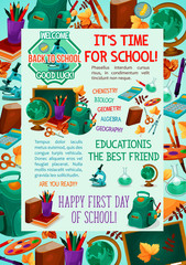 Back to school greeting banner with study supplies