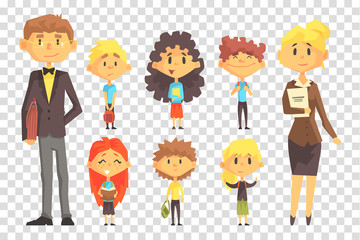 Funny disciples of elementary school and their teachers. Boys and girls with books and backpacks. Flat vector set