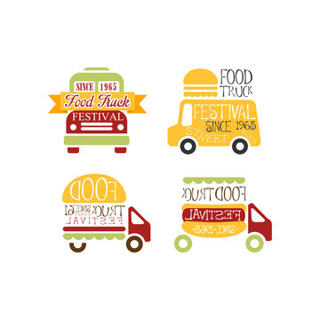 Set of abstract logo templates for food truck festival. Street eating. Bright-colored vector emblems with burger, hot dog and vans