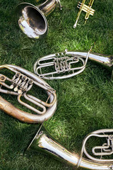 Obraz premium Several ancient musical wind instruments lie on the green grass in the park.