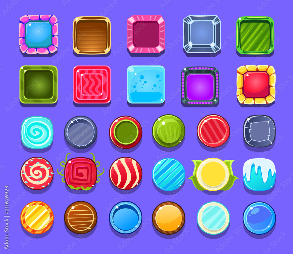 Poster cartoon vector set of bright and shiny mobile or computer game assets. circles and squares with vari