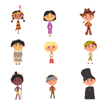 Kids in national clothes, boys and girls cartoon characters in traditional costume of American Indian, Japanese, American Cowboy, Eskimo, Russian, Australian Aboriginal, German vector Illustration