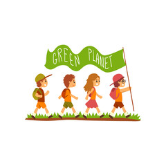 Kids with backpacks carrying flag with the inscription Green Planet, save the planet, ecology concept vector Illustration on a white background