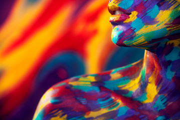 Portrait of the bright beautiful woman with art colorful make-up and bodyart - obrazy, fototapety, plakaty