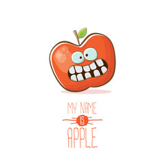 vector funny cartoon cute red apple character isolated on white background. My name is apple vector concept. super funky fruit food character