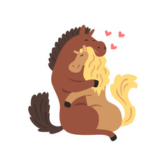 Couple of horses in love embracing each other, two happy  aniimals hugging with hearts over their head vector Illustration on a white background
