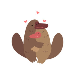 Couple of platypuses in love embracing each other, two happy  aniimals hugging with hearts over their head vector Illustration on a white background