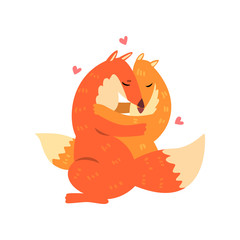 Couple of cute red foxes in love embracing each other, two happy  aniimals hugging with hearts over their head vector Illustration on a white background