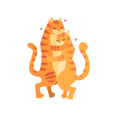 Couple of cute tigers in love embracing each other, two happy  aniimals hugging with hearts over their head vector Illustration on a white background