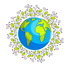 Naklejka premium Planet earth with green leaves floral ornate design, vector emblem or illustration isolated on white.