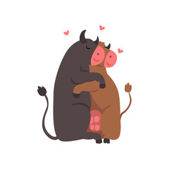 Couple of cute cows in love embracing each other, two happy aniimals hugging with hearts over their head vector Illustration on a white background