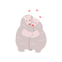 Couple of cute polar bears in love embracing each other, two happy aniimals hugging with hearts over their head vector Illustration on a white background