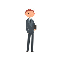 Young man in business suit with briefcase cartoon vector Illustration on a white background.