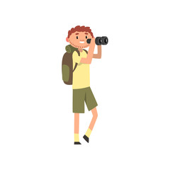 Young male photographer taking a photo using camera, tourist with backpack cartoon vector Illustration on a white background