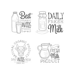 Vector set of logos for fresh dairy products. Sketch style emblems with bottles and glass, cow head and jug. Design for milk packaging