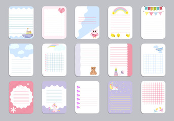 Kids notebook page template vector cards, notes, stickers, labels, tags paper sheet illustration.