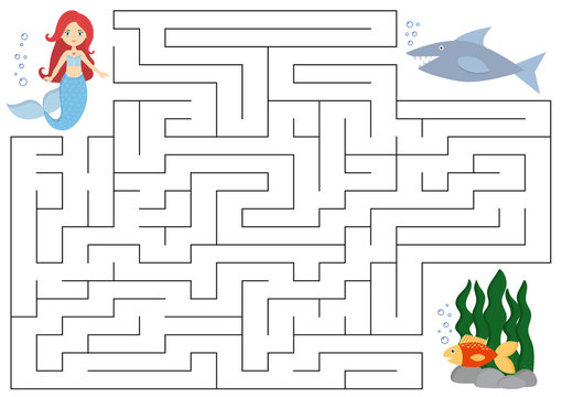 Maze educational game for kids. Help the mermaid find right way to the fish.  Beware of shark. Vector illustration