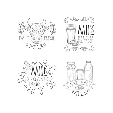 Vector set of creative milk labels with lettering. Fresh and organic product. Original emblems in sketch style