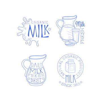 Vector set of labels for dairy products. Sketch style emblems with milk splashes, cardboard packaging, jugs and glass with cookies