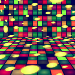 Illustration - Dance house, room. Dance floor, wall, palette of colors. Vector. Green, and red base colors.