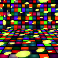 Illustration - Dance house, room. A dance floor, a wall, a palette of flowers. Vector. Multicolored light.