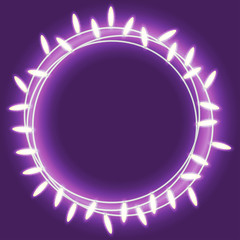 Circle bright garland, festive decorations. Glowing christmas lights isolated on violet background. Vector object. Design element for Holiday cards, New Year, birthday, party or casino  banners.