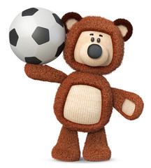 3d illustration funny brown bear toy with soccer ball