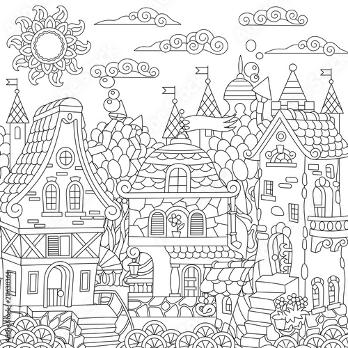 Fairy Tale Town Fairytale City Fantasy Downtown With Vintage Houses Coloring Page